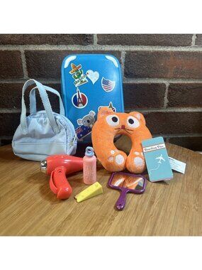 Our Generation American 18" Doll Travel 9 pc Lot Suitcase Neck Pillow Bag drink
